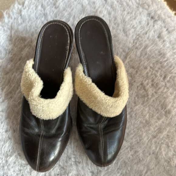 Coach Kacie vintage high heel clog mules shearling trim Made in Italy dark brown - Picture 2 of 10